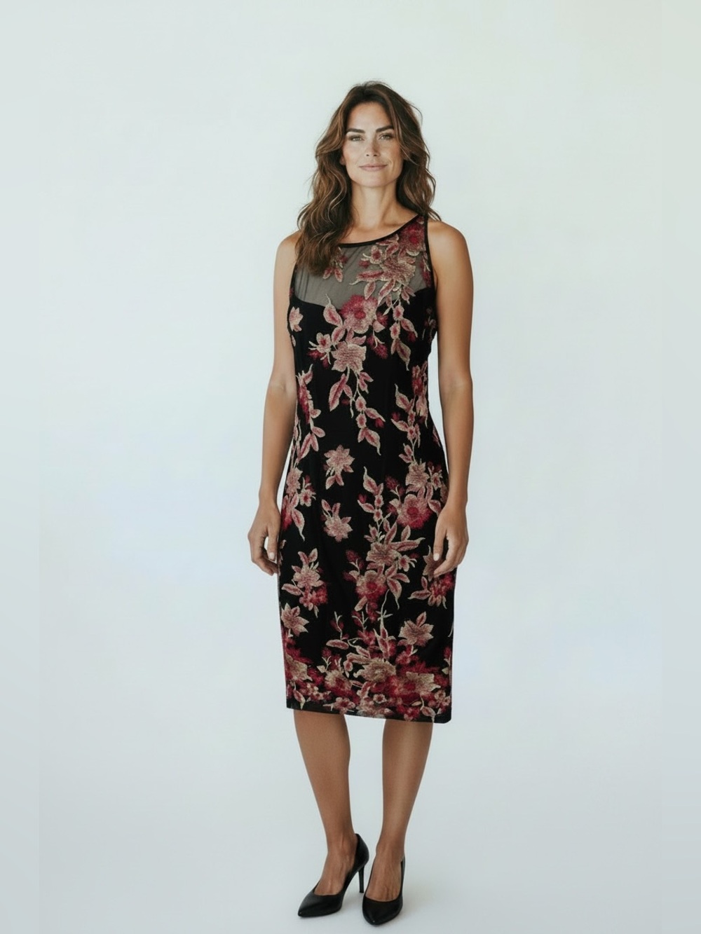 WHBM Black Mesh Pink Floral Embroidered Sleeveless Sheath Midi Dress, 4